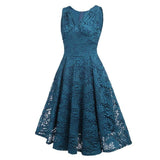 2021 Vestido De Festa V Neck Sleeveless Vintage Lace Blue Formal Party Dresses Vintage A Line Swing Women Formal Party Gowns