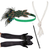 4 Pcs/Set 1920s Great Gatsby Party Costume Accessories Set Flapper Feather Headband Pearl Necklace Gloves Cigarette Holder