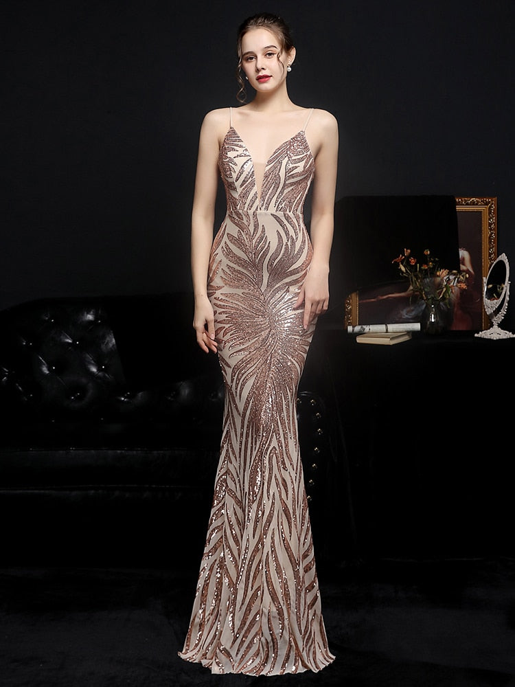 Women Strap Maxi Party Gown Sexy V Neck Sequin Prom Dress