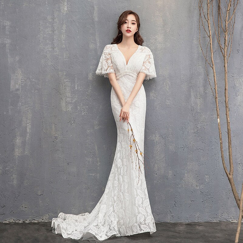 Women Elegant Embroidery Lace Bridal Dresses Sexy V-neck Long Sleeve Sweep Train Mermaid Short Sleeve Wedding Dresses