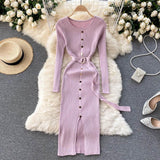 Women Elegant Long Sleeve Ribbed Sweater Dress With Belt Button Front Slit Sexy Knitted Bodycon Midi Dress