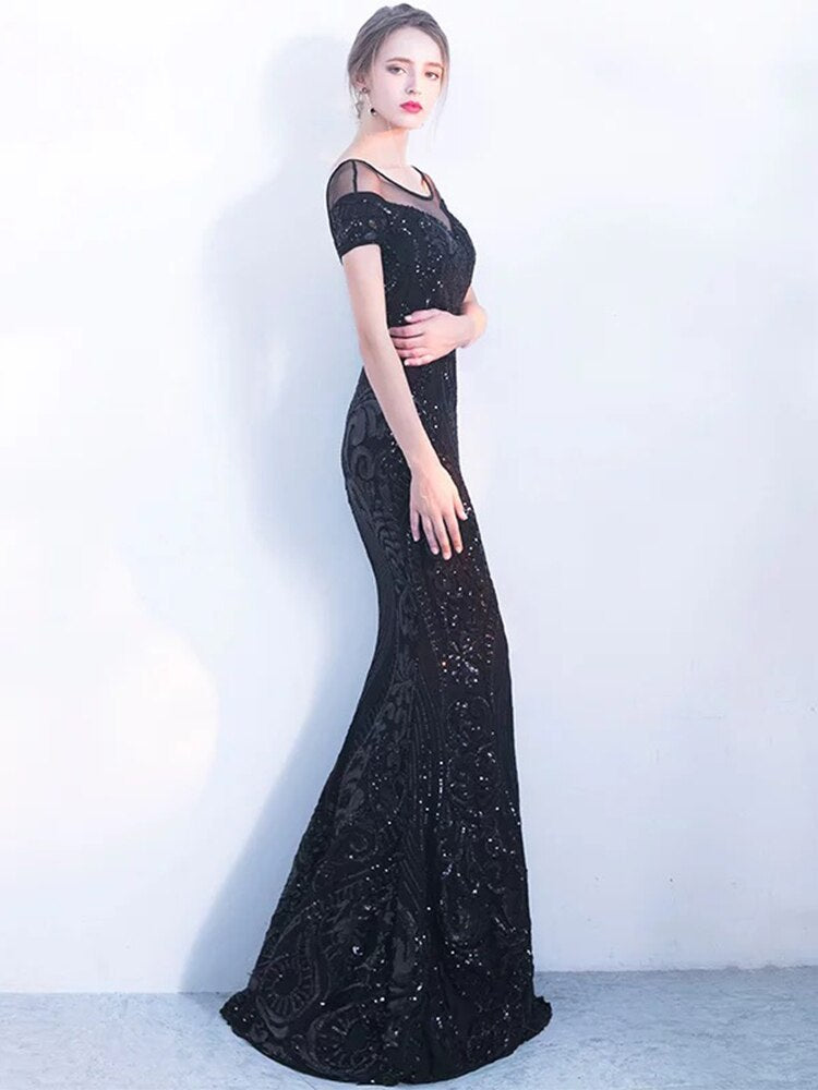 Sequined Banquet Long Elegant Party Dress Cap Sleeve O-neck Mermaid Gown Black Formal Dress
