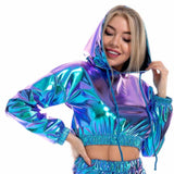 Sexy Cropped Holographic Hoodies Shiny PU Metallic Hoody Long Sleeve Short Sweatshirt with Drawstring Pullovers