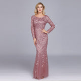 Evening Dresses Mermaid O Neck Full Sleeve Lace Appliques Tulle Long Party Gown Robe Soiree Elegant Formal Dress