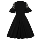 Contrast Lace Layered Flounce Sleeve Elegant Black Party Night Ladies Ruffle A Line Retro Dress