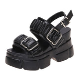 Pleated Chunky Platform Sandals Buckle Wedges Slippers Woman 9cm High Heel Summer Sandalias