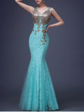 Lace Mermaid Sleeveless Tulle Formal Dress Double V-neck Robe De Soriee Floor-length Party Prom Gown