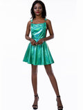 Women A Line Adjustable Straps Pleated Mini Overall Pinafore Dress Wet Look Clubwear Sexy Holographic Suspenders Dress