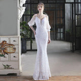 Sexy Off Shoulder Long White Sequin Evening Dress New Women Party Strap Dress
