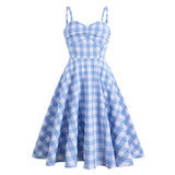 2021 Spaghetti Strap Blue Plaid 50s Women Vintage Pinup Summer Swing Dresses Female Fit and Flare Slim Cami Tunic Midi Dress