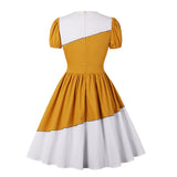 1950s Elegant Women Vintage Short Sleeve Yellow White Patchwork High Waist Robe Pin Up Swing Retro Dress