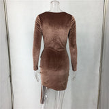 Brown Velvet V Neck Long Sleeve Sashes Wrap Sexy Night Club Party Sheath Dress