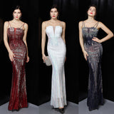 Slash Neck Sleeveless Shinning Sequin Sexy Mermaid Cocktail Dress Formal Full Length Stretch Slim Party Prom Gowns