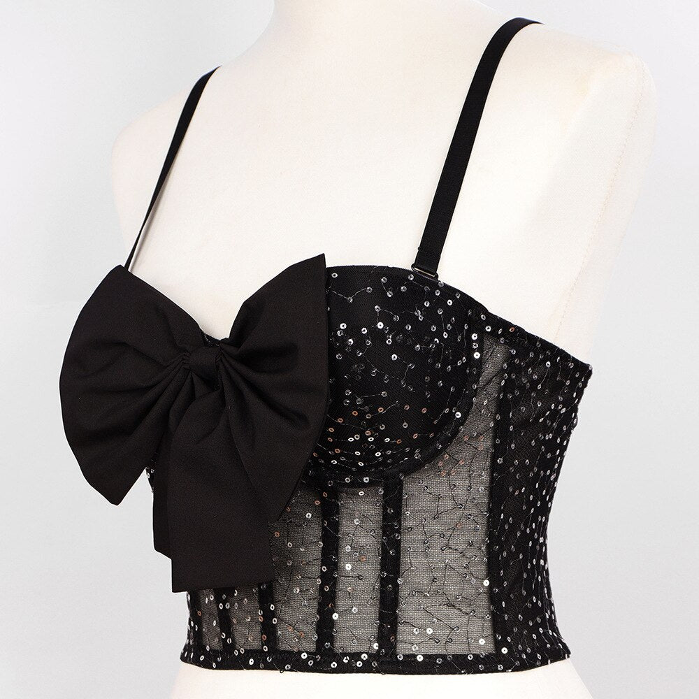 Bow Sequins Sexy Women Crop Top With Cups To Wear Out Cropped Top Nightclub Party Show Corset Push Up Bustier Cami Built in Bra