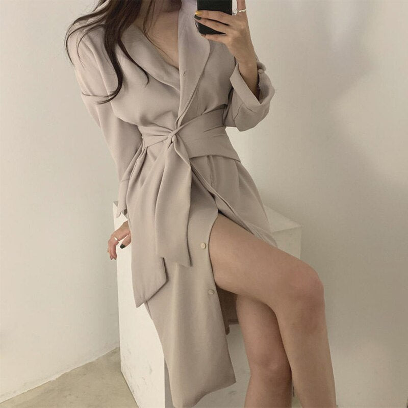 Elegant Office Lady Slit Sexy Midi Dress V Neck Collared Long Sleeve Waist Belted Shirt Dress