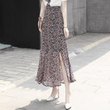 Women Chiffon Vintage High Waist Trumpet Flowers Print Black Long Skirt