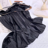 Women Shimmer Satin Midi Long Pleated Skirt With Belt Elastic High Waist Casual Skirts