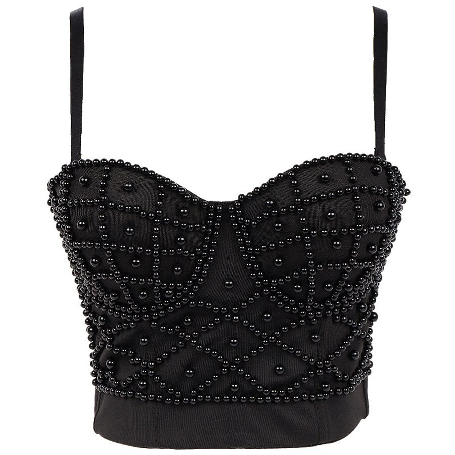 Crop Tops Spaghetti Strap Summer Top Off Shoulder Sexy Corset Beads Cami With Built In Bra Slim Clothes