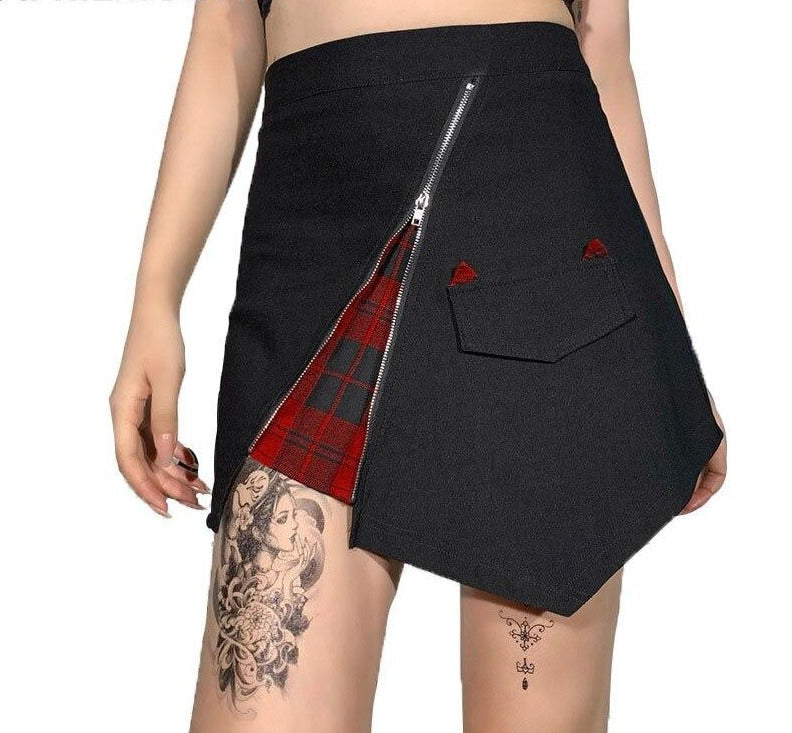 Gothic Punk Streetwear Black Plaid Skirt Women Patchwork Hip Pop Rock Irregular Zipper Mini Skirts High Waist Y2K Grunge Skater