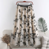 Elastic High Waist Butterfly Embroidery Women Casual A-Line Mesh Skirts Streetwear