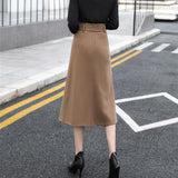 Long Women Black Khaki Woolen A-Line Autumn Thick Button Office Ladies Korean Suit Skirt