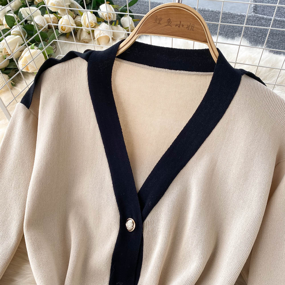 Long Sleeve Knitted Women Winter Elegant Office Contrast Color Trim V Neck Button Up Midi Dress With Belt