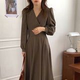 Elegant Office Lady Belted Faux Wrap Dress V Neck Long Sleeve Vintage Midi Dress