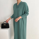 V Neck Long Sleeve Solid Cozy Casual Knitted Dress Autumn Winter Midi Dress Elegant Loose Dress