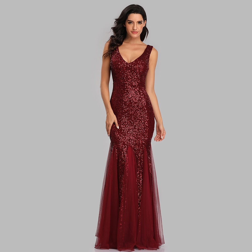 Plus Size V Neck Mermaid Burgundy Dress Long Formal Prom Party Gown Sequins Sleeveless Sexy Evening Vestido