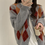 Autumn Women Single-breasted Argyle Cardigans Casual Knitted Sweater Coat Streetwear