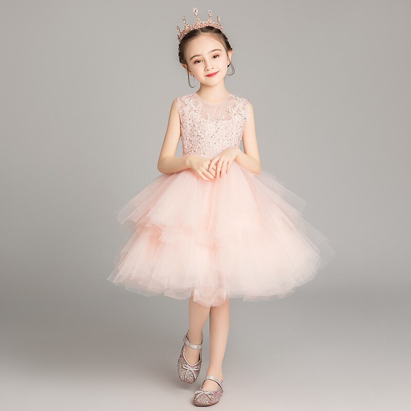 Appliques Crystal Pink Pretty Flower Girl Dress Baby Girl Ball Gown Kids Formal Wear Wedding Party Dress