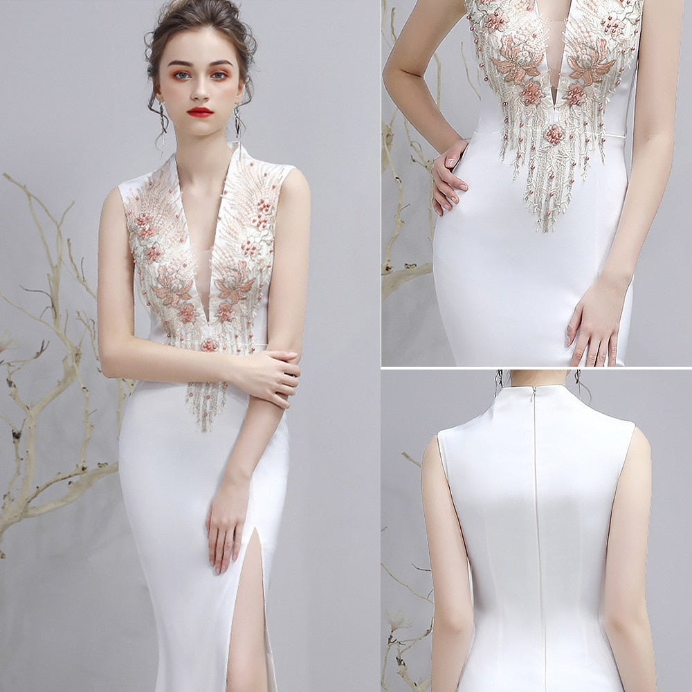 White V-neck Sleeveless Evening Dress Long Taffeta Prom Gown Sexy Side Split Robe applique Women Formal Dress