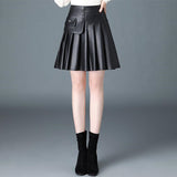 Black Leather Pleated Short Women Mini Skirt Summer High Waist Solid Color Black Skirts