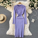 Autumn Winter Elegant Crew Neck Long Sleeve Ribbed Knitted Dress Solid Sexy Bodycon Midi Dress