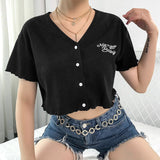 2021 Embroidery Letter Black Woman Tshirts Top Summer V-neck Short Sleeve Crop Top T Shirt Harajuku Casual Loose Tee Shirt