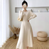 Women Quality Elegant A-line Knit Dress Long Sleeve Slim Waist Basic Sweater Vestidos Female Autumn Winter Bottom Solid Dresses