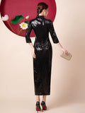 Fashion Sequins Embroidered Evening Dress Side-Slit Formal Occasion Women Black Red Long-Sleeve Tea-Length China Cheongsam