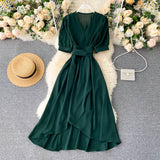 Elegant Vintage Belted High Low Midi Dress V Neck Short Puff Sleeve Summer Dress Sundress