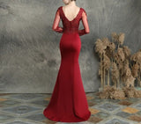 Burgundry V-neck Appliques Beaded Long Sleeve Evening Dress See through Elegant Evening Party Dress