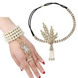 1920s Flapper Pearl Headband Bracelet Ring Inspired Leaf Simulated Jewelry Set