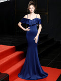 Navy Blue Formal Mermaid Elegant Evening Dress Long Leaf Edge Sling Prom Gowns Backless Robe De Soriee