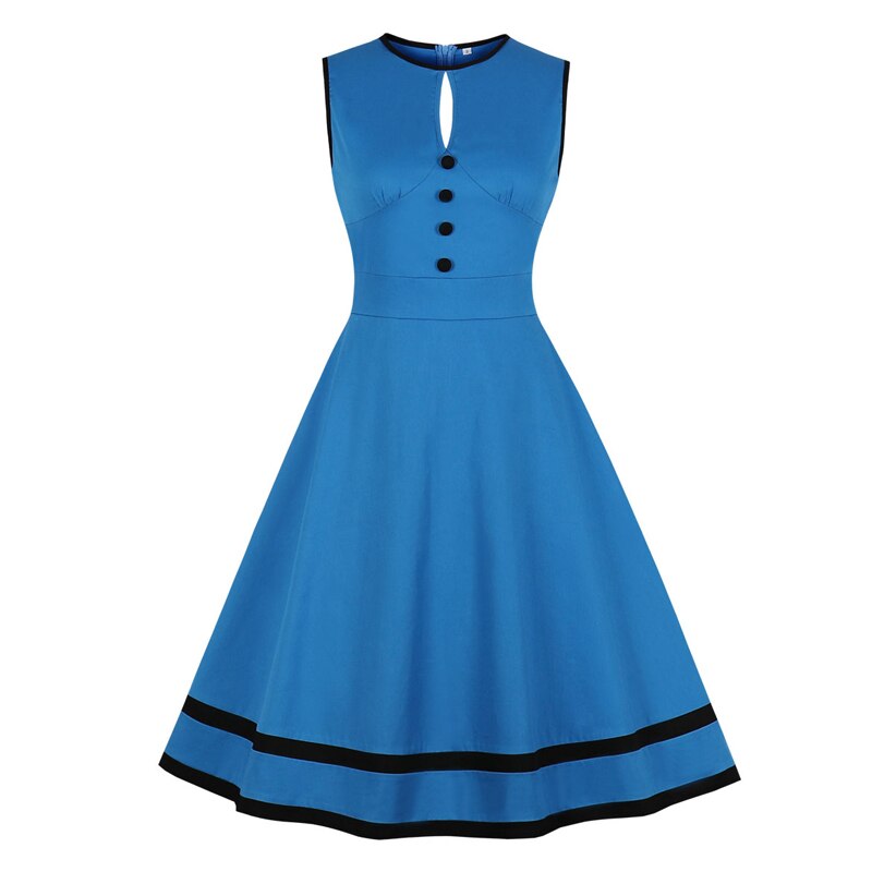 Cut Out Button Front High Waist Rockabilly Vintage Style Blue Sleeveless Robe Cotton Slim Dress