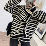 Autumn Women Coat Irregular Single-breasted Stripe Knit Vintage Casual Cardigans Sweaters Outwear