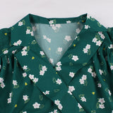 2021 Green Short Sleeve Women Blouses Notched Collar Chiffon Bohemian Fashion Summer Crop Wrap Shirt Floral Print Vintage Shirts