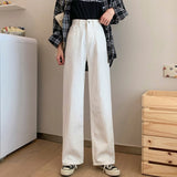 Women White Casual Jeans Korean Style All-match Loose High Waist Female Wide Leg Denim Pants