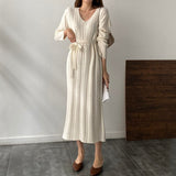 Elegant Autumn Winter Twisted Knitted Dress With Belt V Neck Long Sleeve Solid Casual Midi Dress
