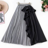 Pleated Chiffon High Waist Women Maxi Skirts Midi Length Striped Long Skirt