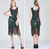 1920s Great Gatsby Flapper Dress V Neck Sleeveless Embellished Sequin Beaded Fringe Dress Vestidos