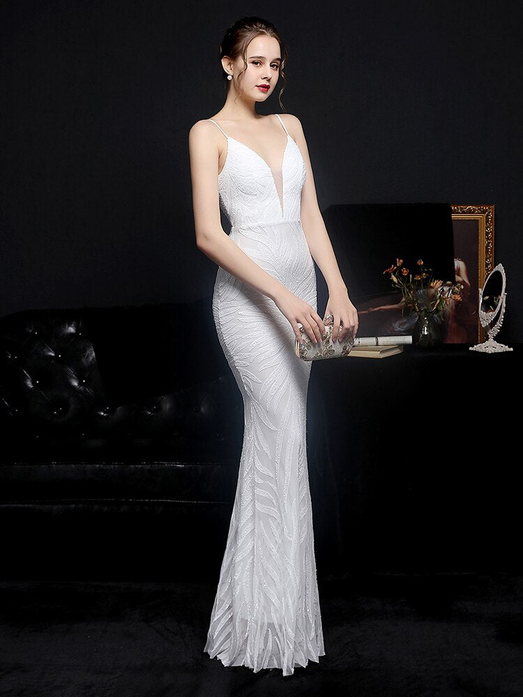 Sexy Backless V Neck Cocktail Dress Sleeveless Suspender Party Dress Floor Length Sequins Mermaid Robes Women Vestidoes New