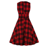 Women High Waist Red Plaid Vintage Ruched A Line Sleeveless V-Neck Wrap Elegant Midi Dress